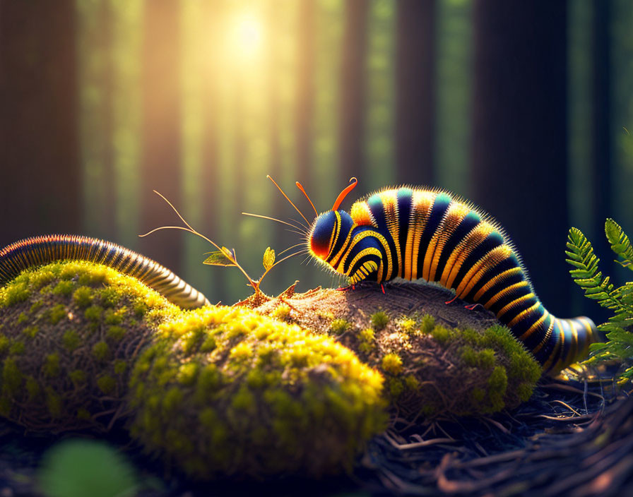 Vibrant Caterpillar on Mossy Forest Floor with Sunbeams