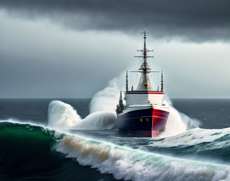 Red and White Ship Sailing Through Stormy Seas