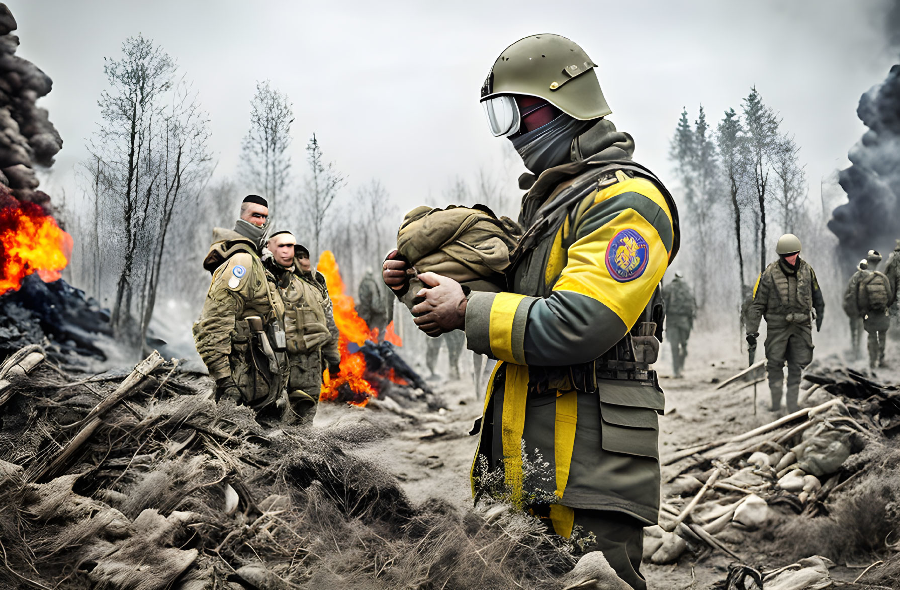 Emergency Personnel in Protective Gear Amidst Smoky Fire Scene