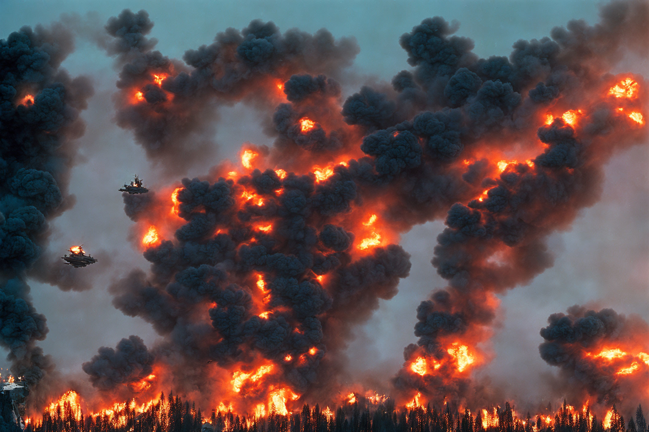 Forest Fire: Massive Smoke Plumes and Helicopters in Action
