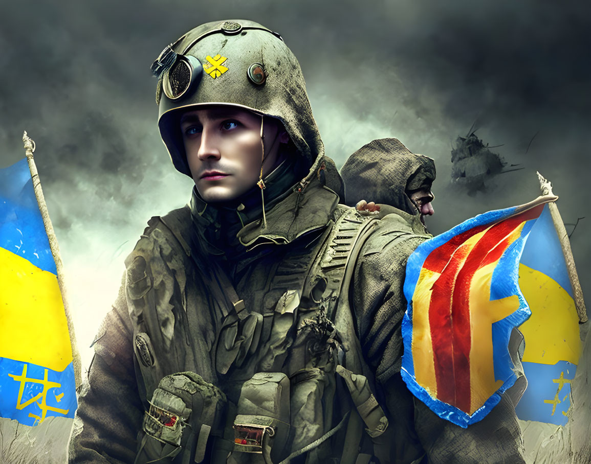 Soldier in combat gear with symbolic helmet against stormy sky and blurred flags