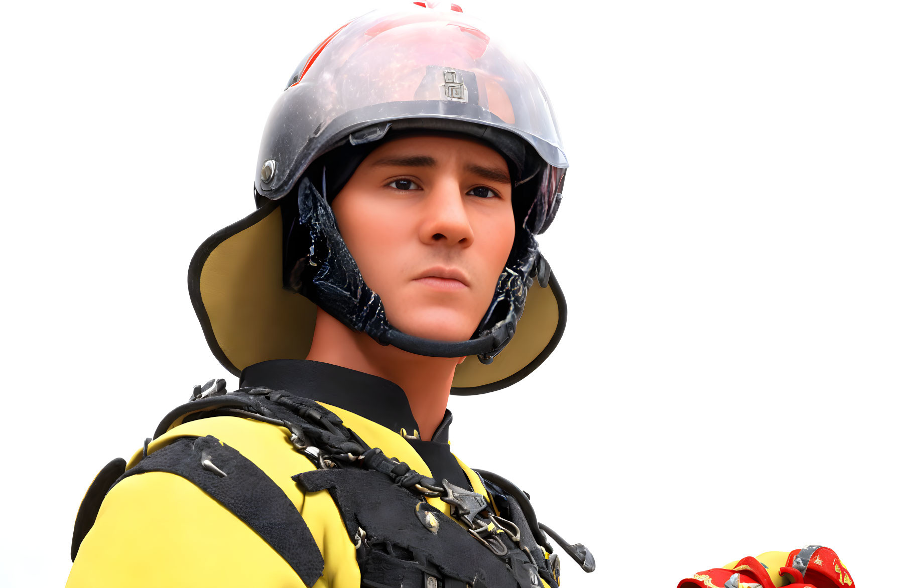 Professional firefighter in helmet and high-visibility jacket on white background