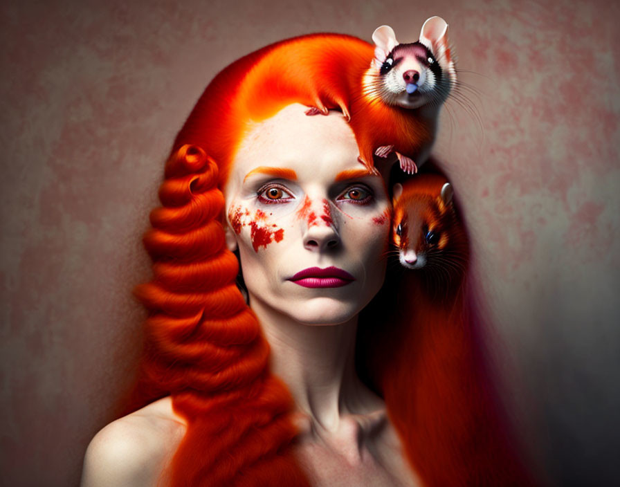 Woman with Red Hair and Animal Adornments: Ferret on Head, Weasels on Shoulder