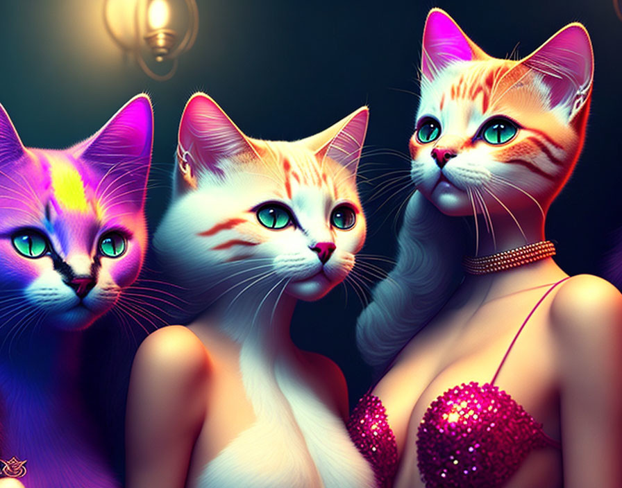 Anthropomorphic cats in elegant attire on dark background with chandelier