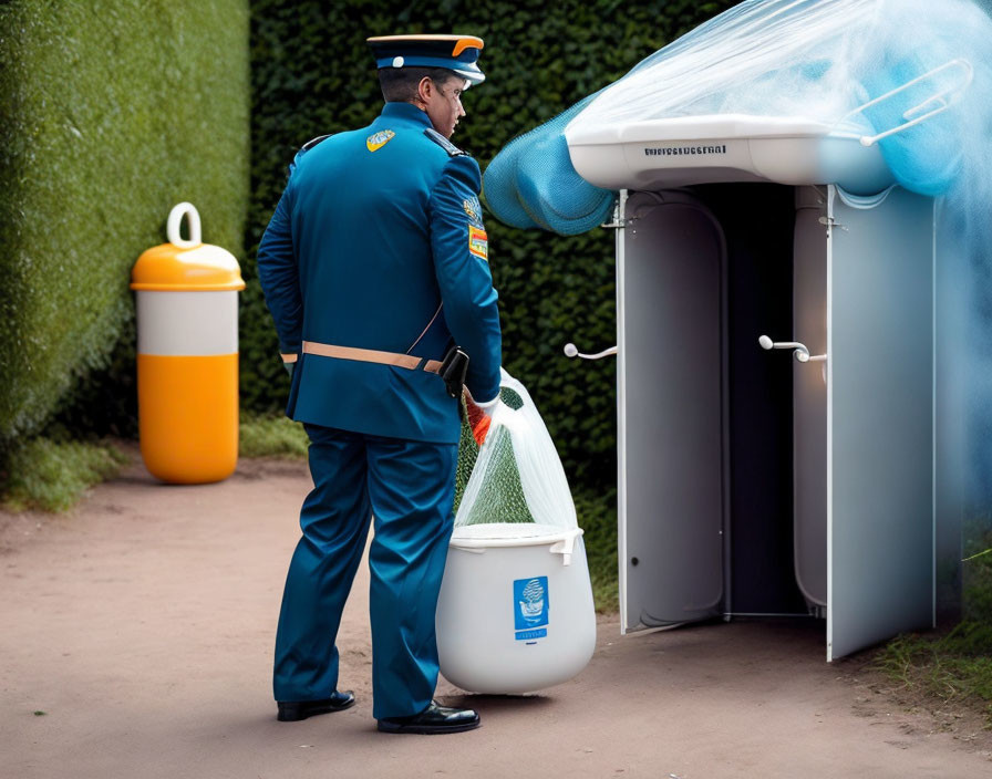 Uniformed officer disposing trash near portable toilet and handwashing station with blue tarp.