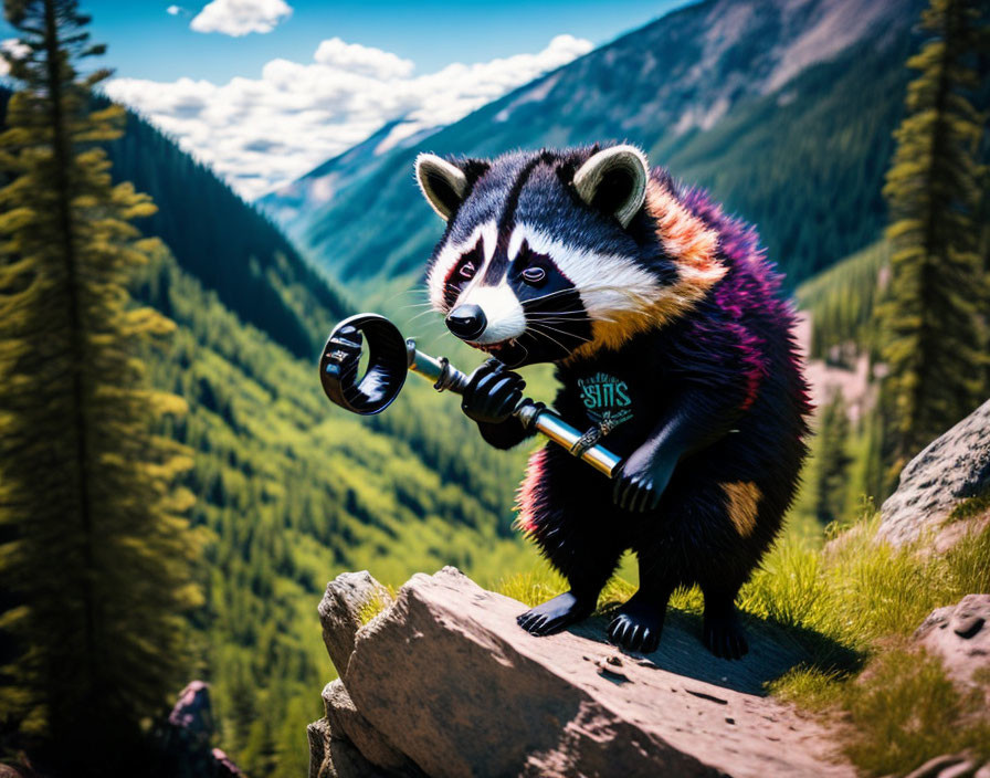 Anthropomorphic raccoon with magnifying glass overlooking pine forest valley