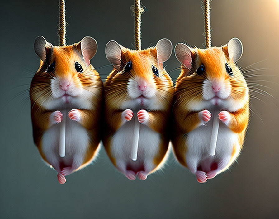 Adorable hamsters hanging from ropes on blurred backdrop