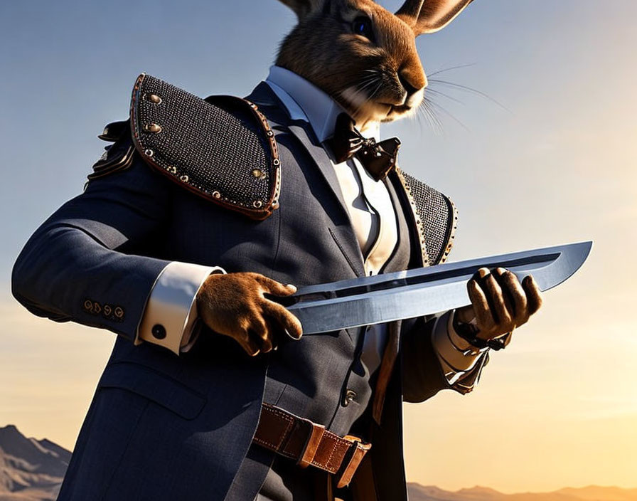 Anthropomorphic rabbit in suit and tie with sword in desert landscape