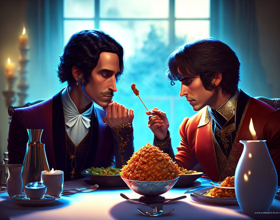 Animated historical figures in tense conversation over food in candle-lit room