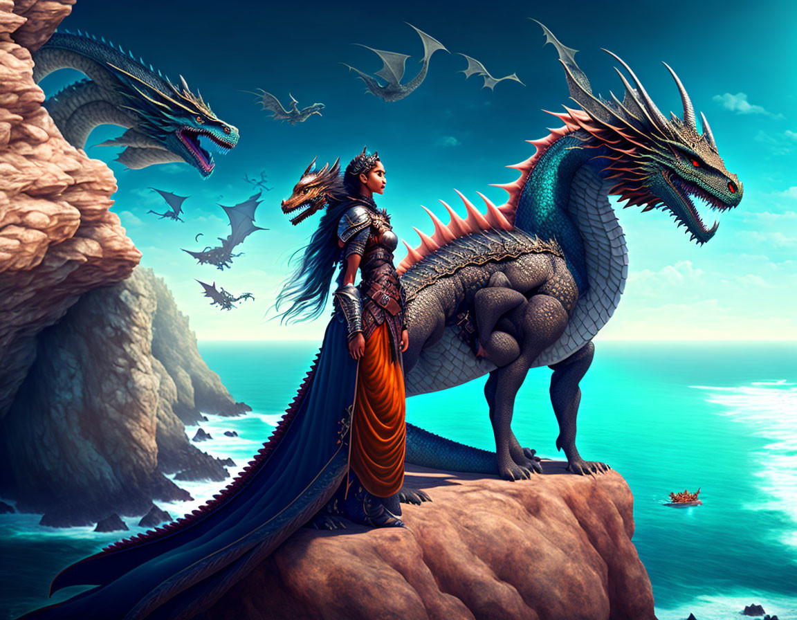 Warrior in ornate armor with majestic dragon on cliff overlooking sea