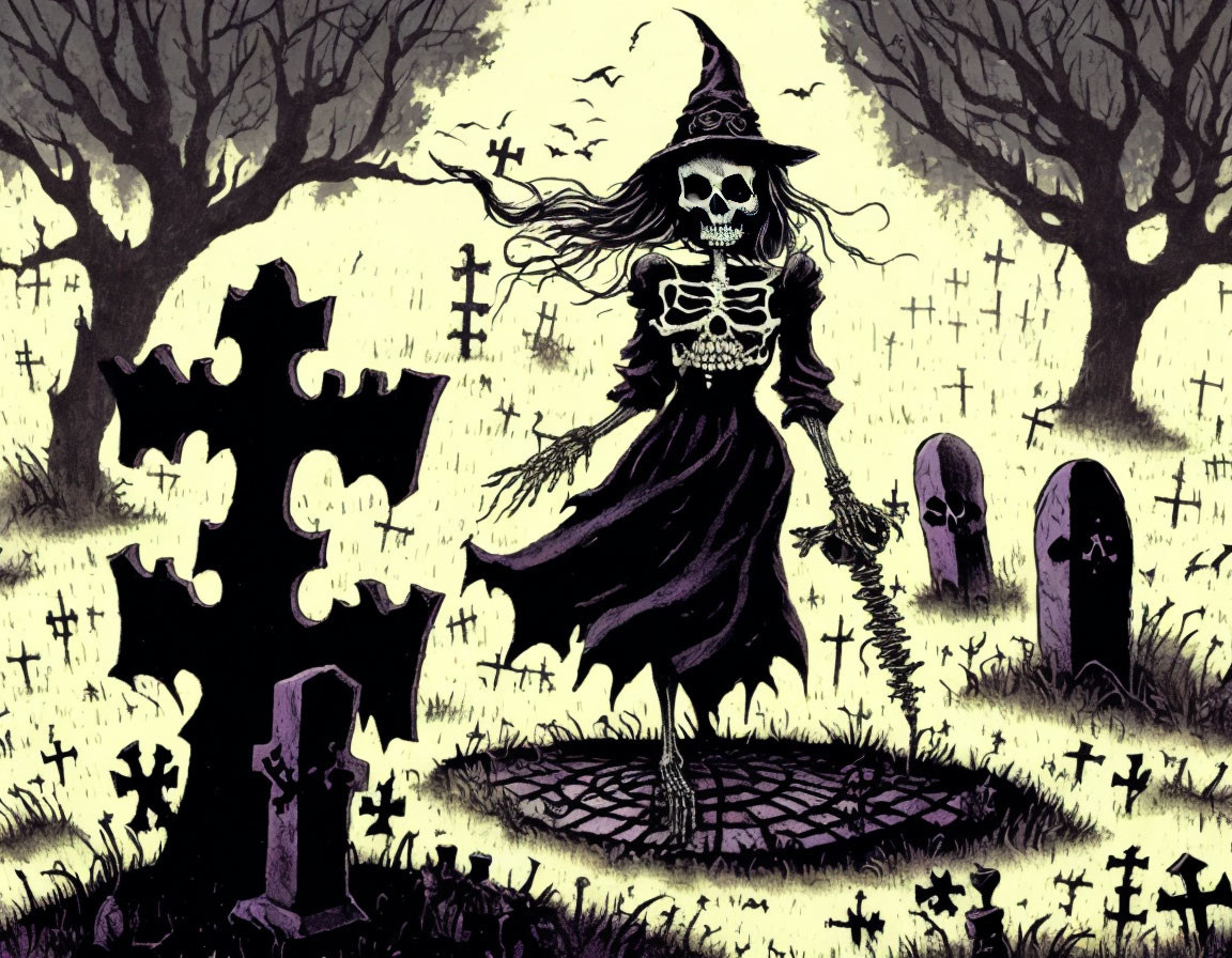 Spooky graveyard scene with skeletal figure in witch's hat