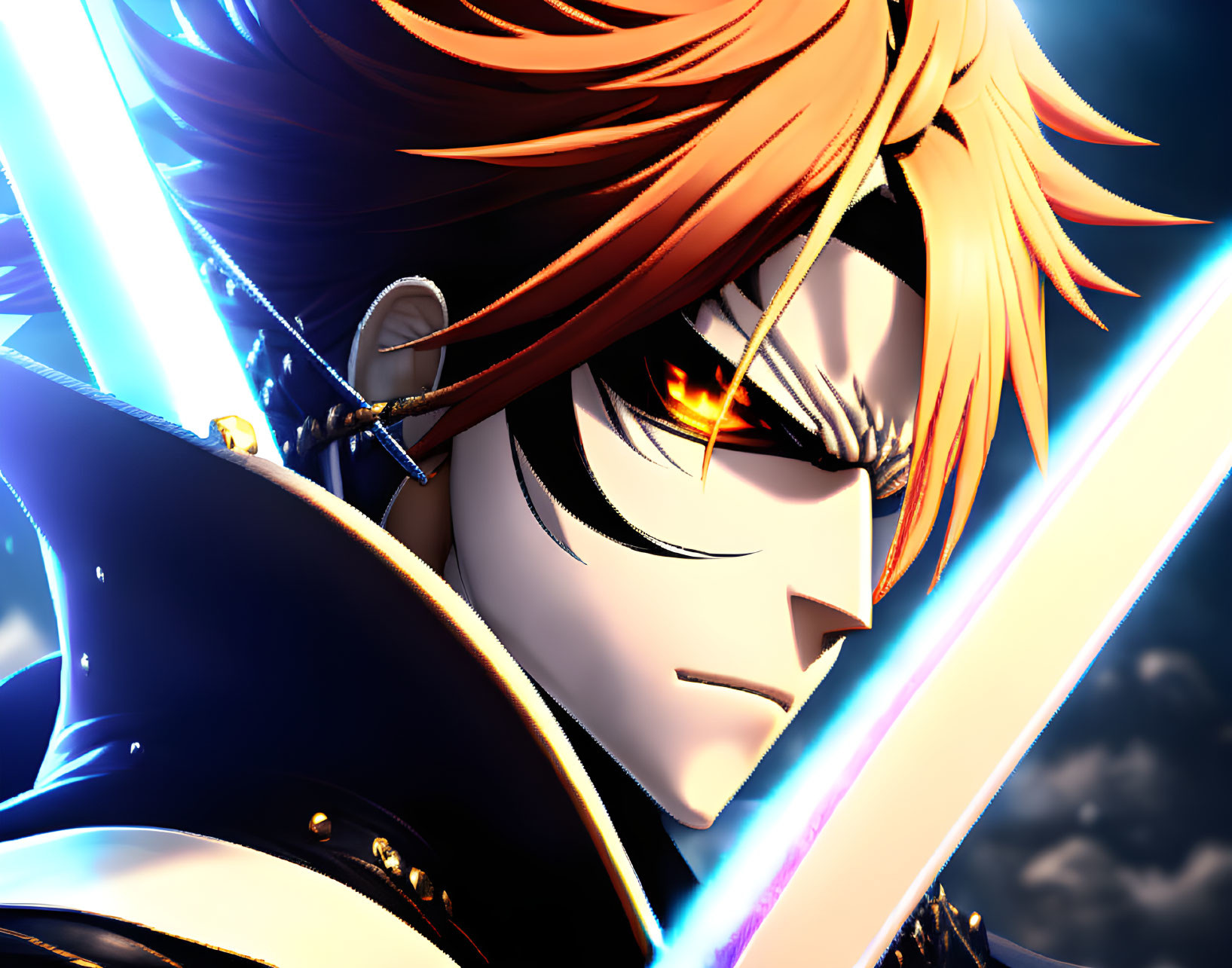 Intense male anime character with spiky orange hair and glowing red eye, black eye patch,