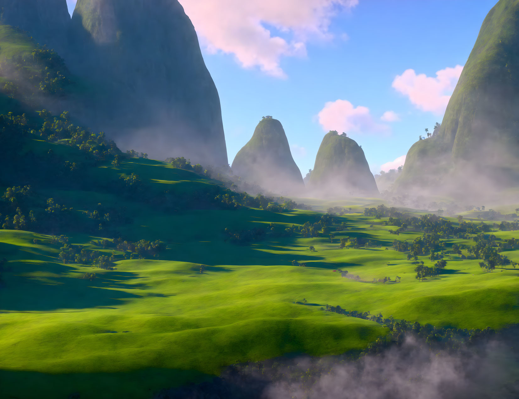 Misty green valleys and towering rounded mountains under clear sky