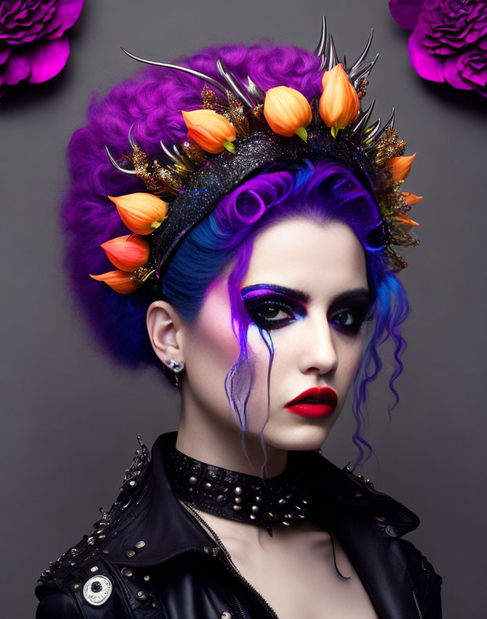 Purple-haired woman with orange flower crown and dramatic makeup in black leather jacket