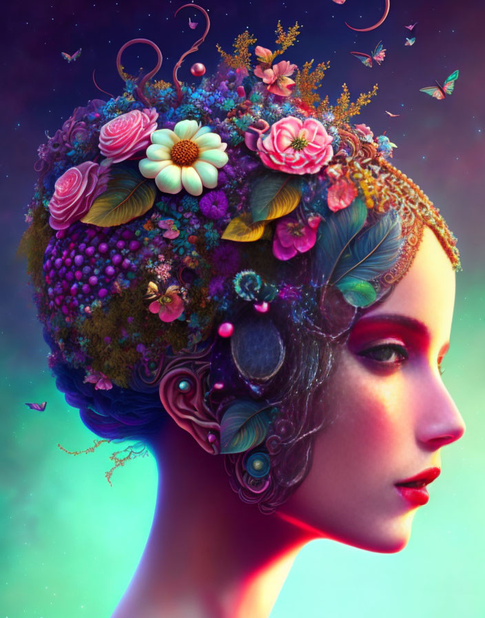 Vibrant digital artwork: Woman profile with floral headdress