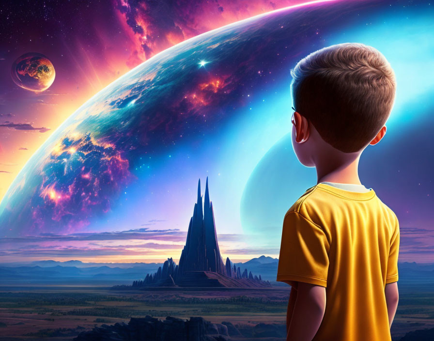 Young boy in yellow shirt mesmerized by cosmic landscape with planet, moon, and castle.