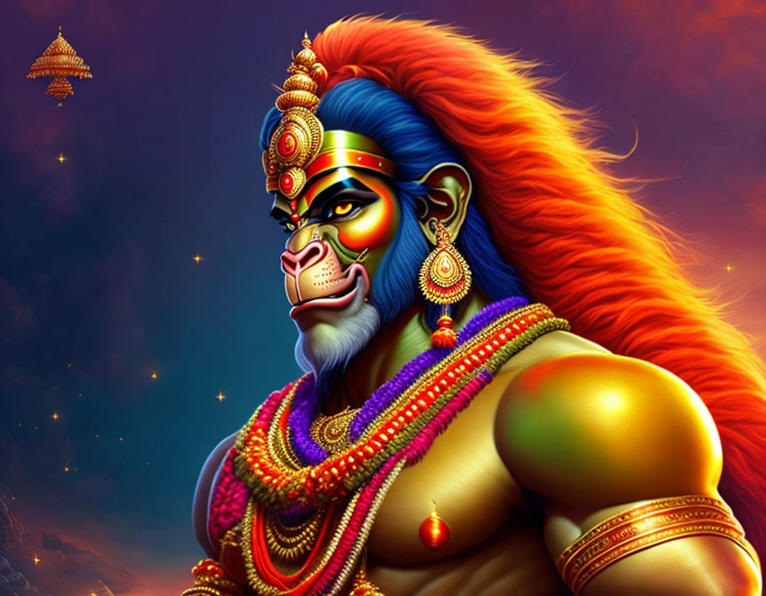 Vibrant Lord Hanuman illustration with blue skin and traditional Hindu jewelry.