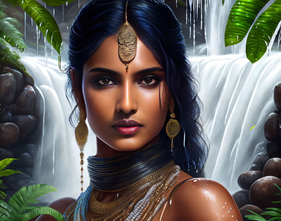 Traditional headpiece and gold jewelry on woman at lush waterfall