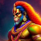 Vibrant Lord Hanuman illustration with blue skin and traditional Hindu jewelry.