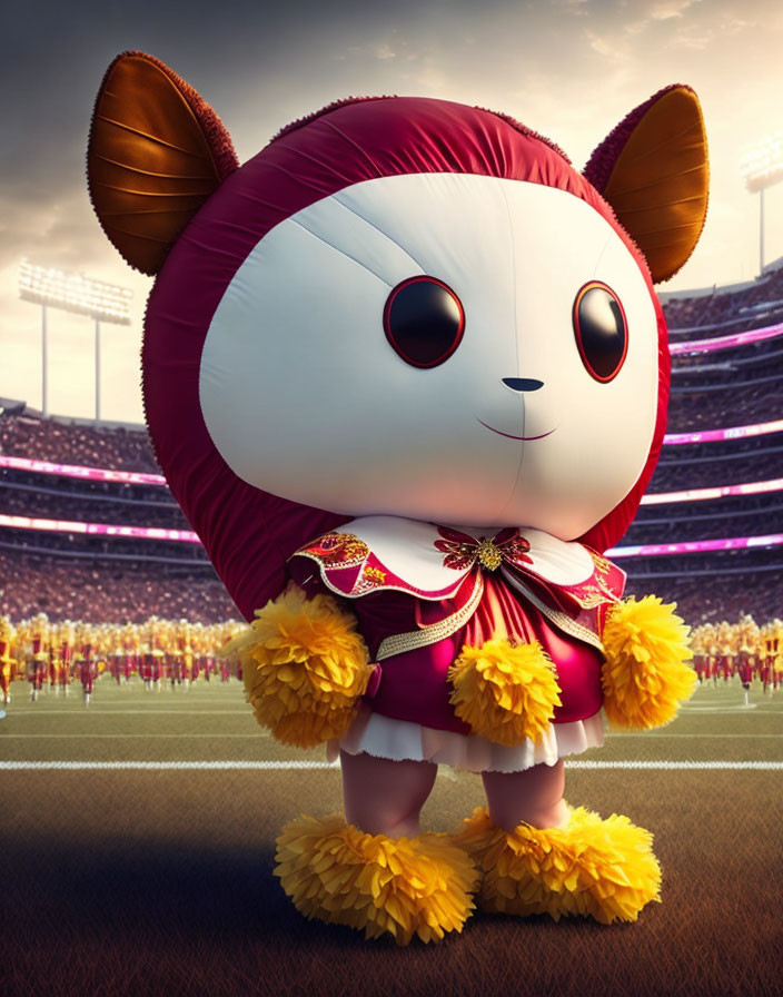 Round white head, brown ears, red outfit with yellow pom-poms on football field