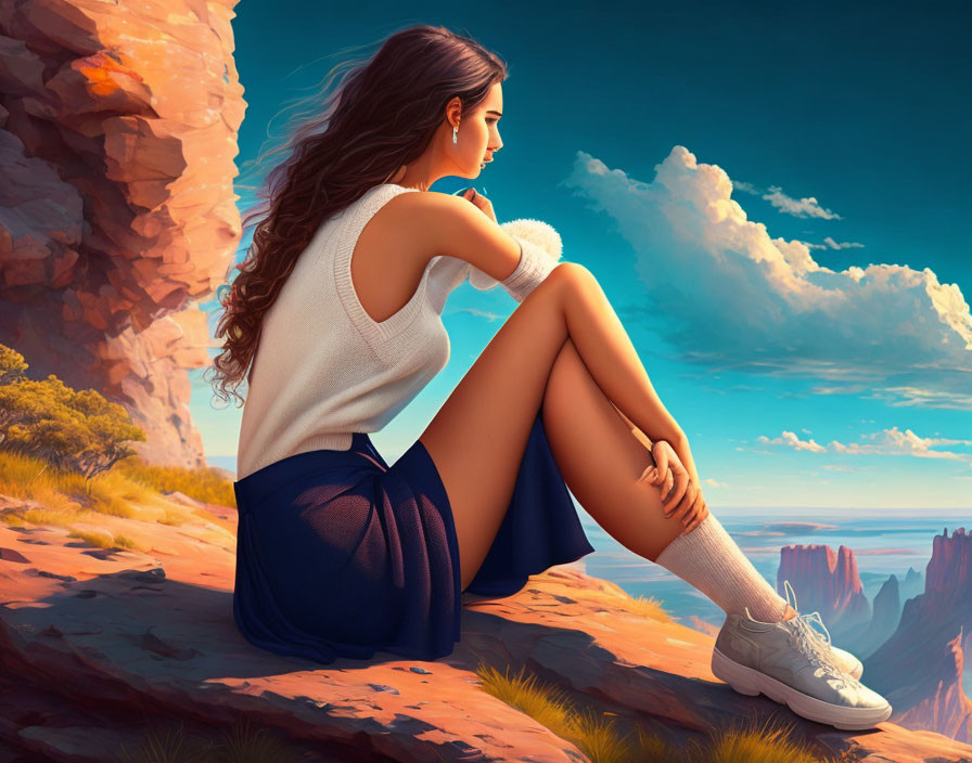 Woman in white sweater and blue skirt gazes at vast canyon from cliff edge