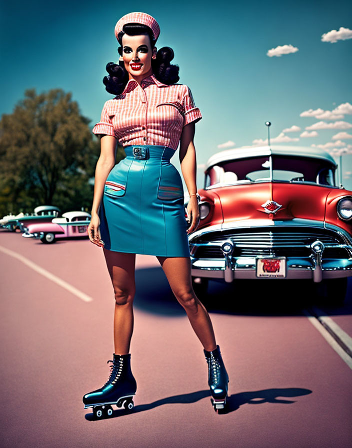 Woman in retro attire roller skating by vintage red car under blue sky