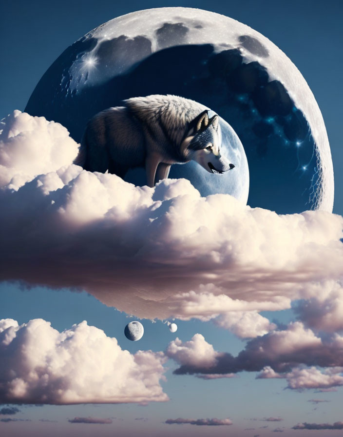 Wolf standing on clouds with large moon in surreal scene