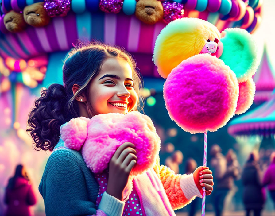 Colorful Cotton Candy Held by Joyful Girl at Vibrant Fair