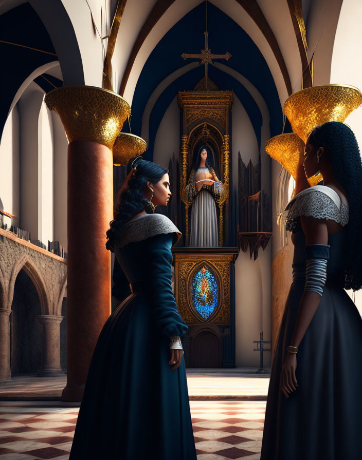 Women in period dresses inside gothic cathedral with Virgin Mary statue and stained glass.