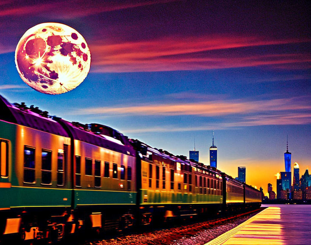 Colorful sunset sky over city skyline with detailed moon and passing train.