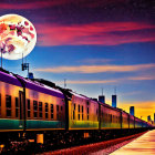 Colorful sunset sky over city skyline with detailed moon and passing train.