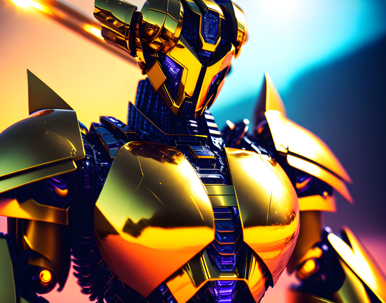 Detailed Gold and Blue Robot on Gradient Background