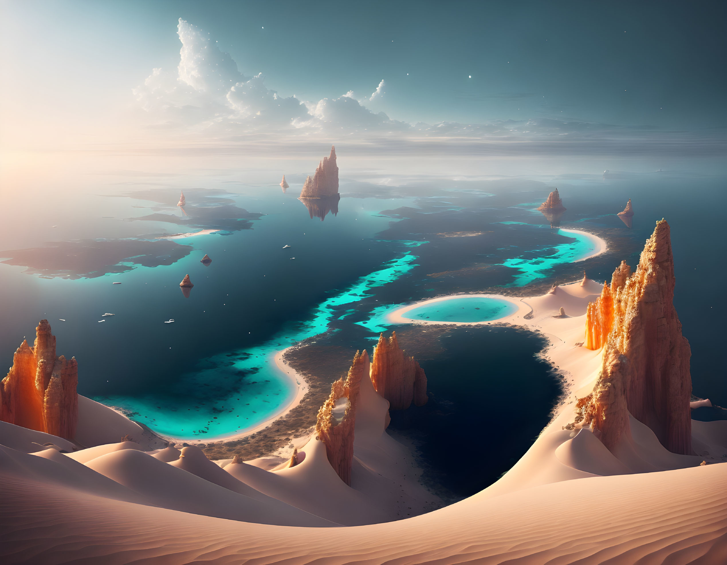 Tranquil ocean with bioluminescent streams, sandstone formations, and twilight sky