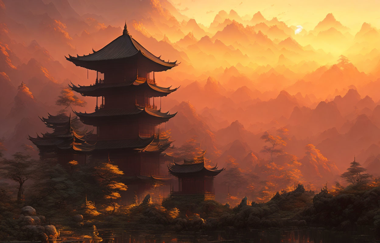 Asian Pagoda in Misty Mountain Sunset