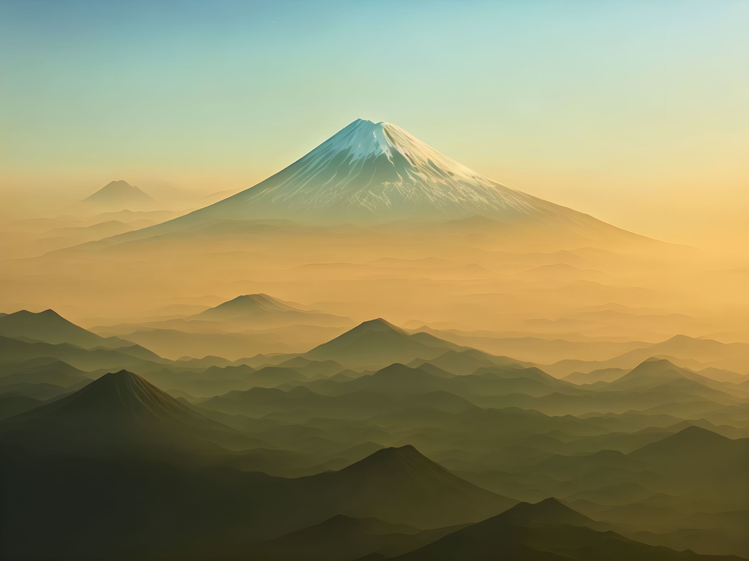Snow-capped volcanic mountain in misty landscape under golden sky