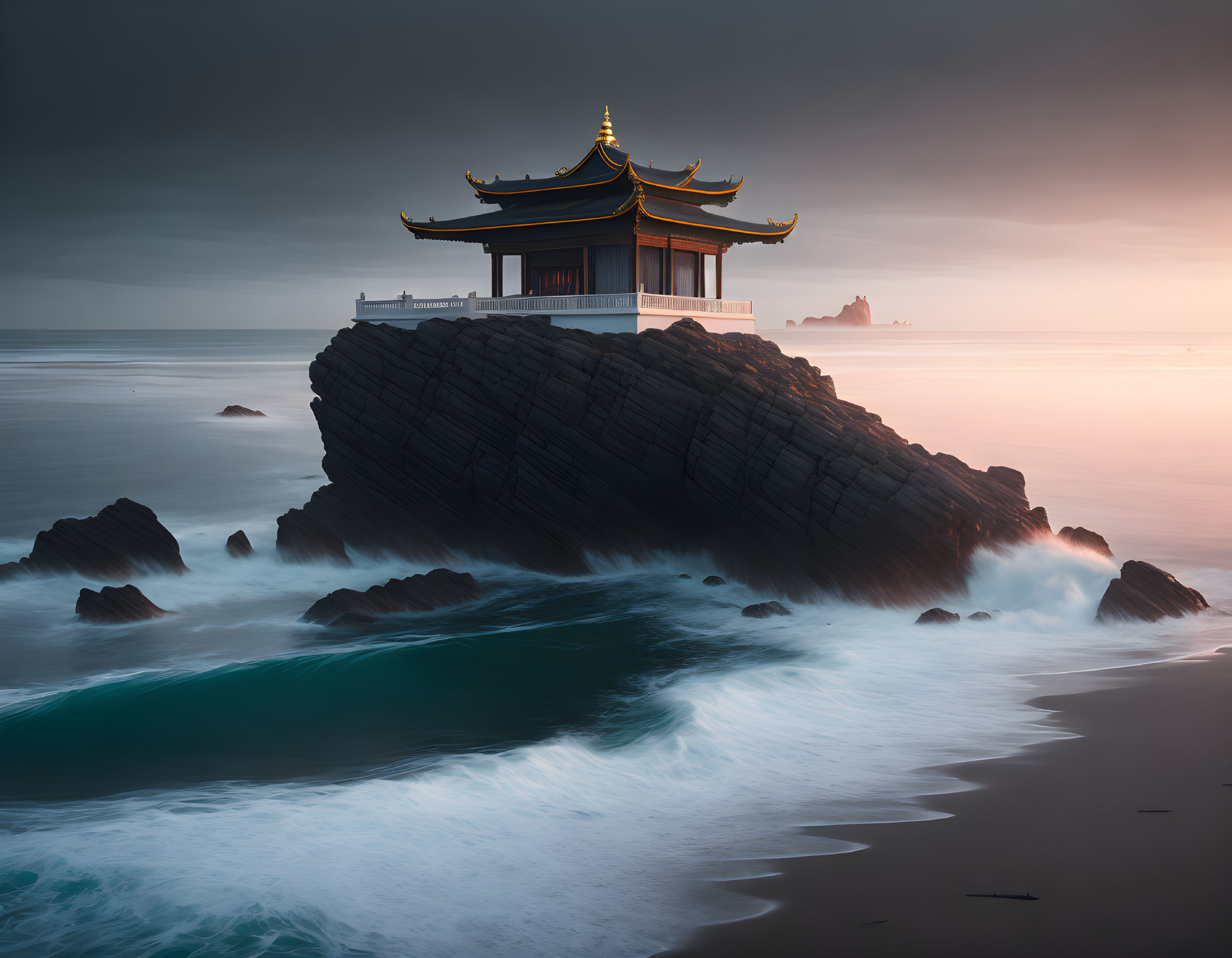 Asian Pagoda on Coastal Rock with Sunset and Waves