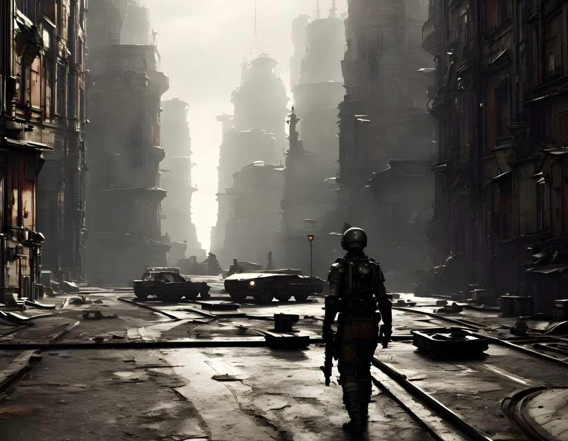 Desolate sunlit street with lone figure in hazmat suit