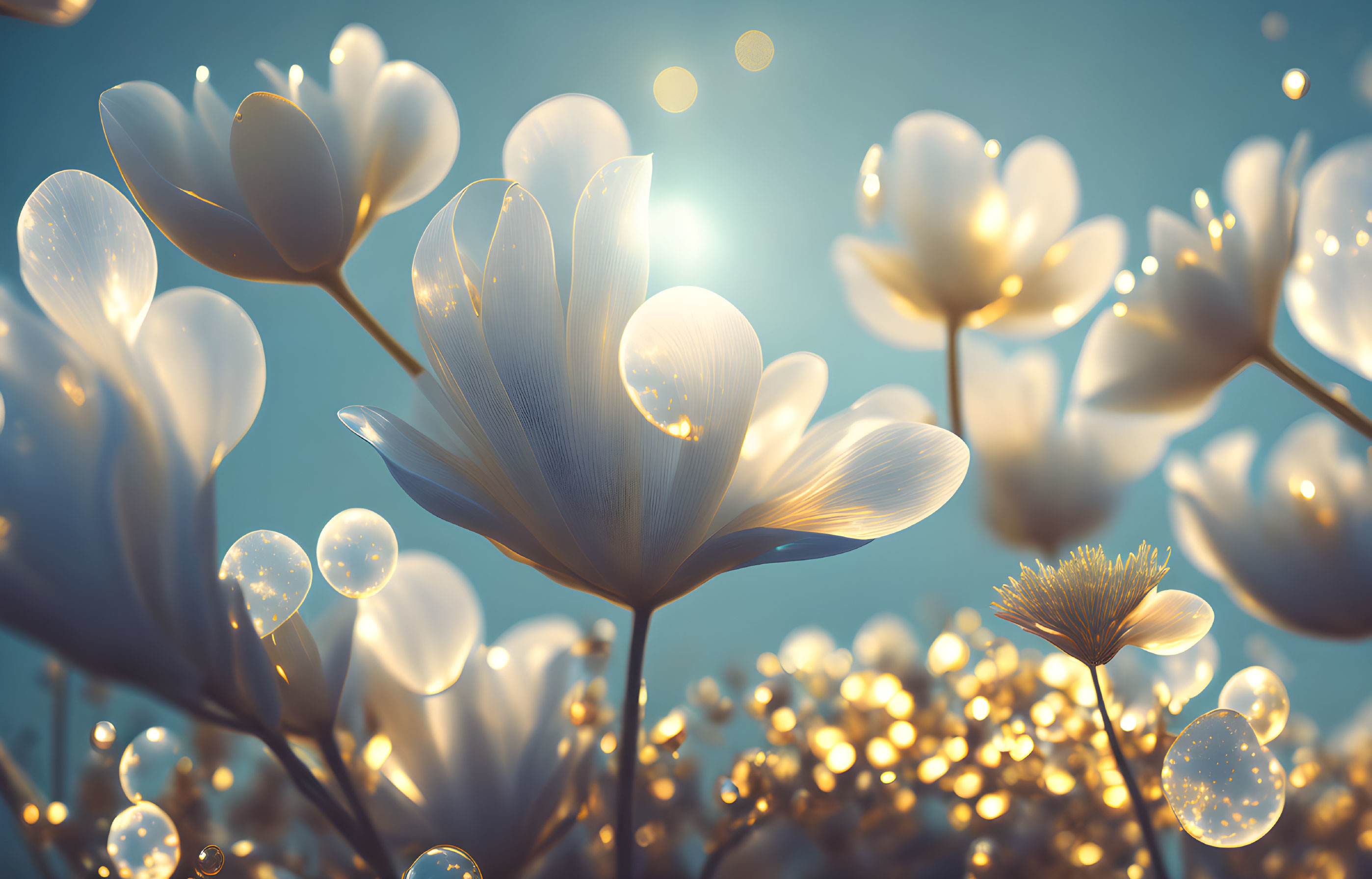 White Flowers Illuminated on Blue Background with Sparkling Orbs