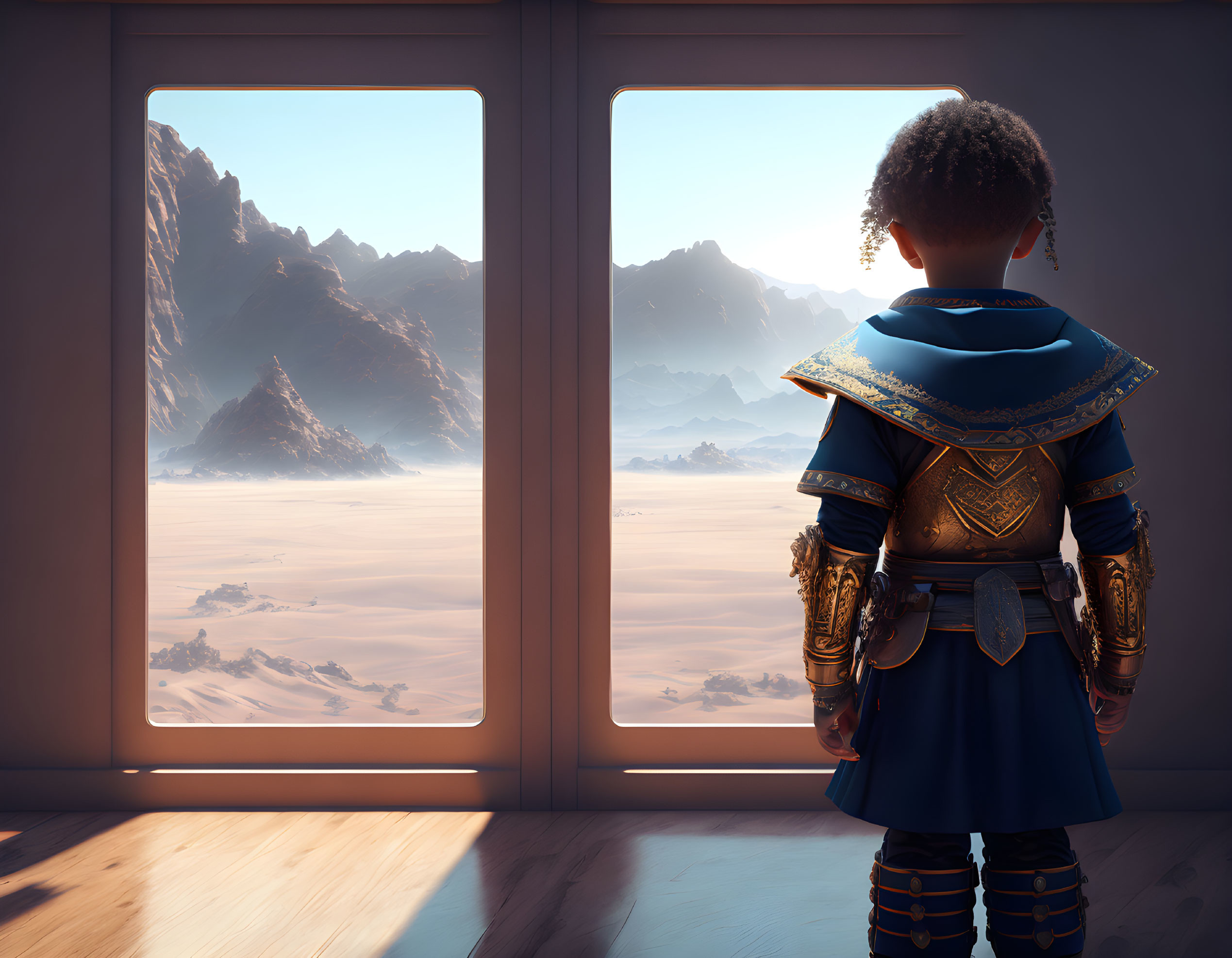 Child in futuristic knight costume looks out spaceship window at desert landscape