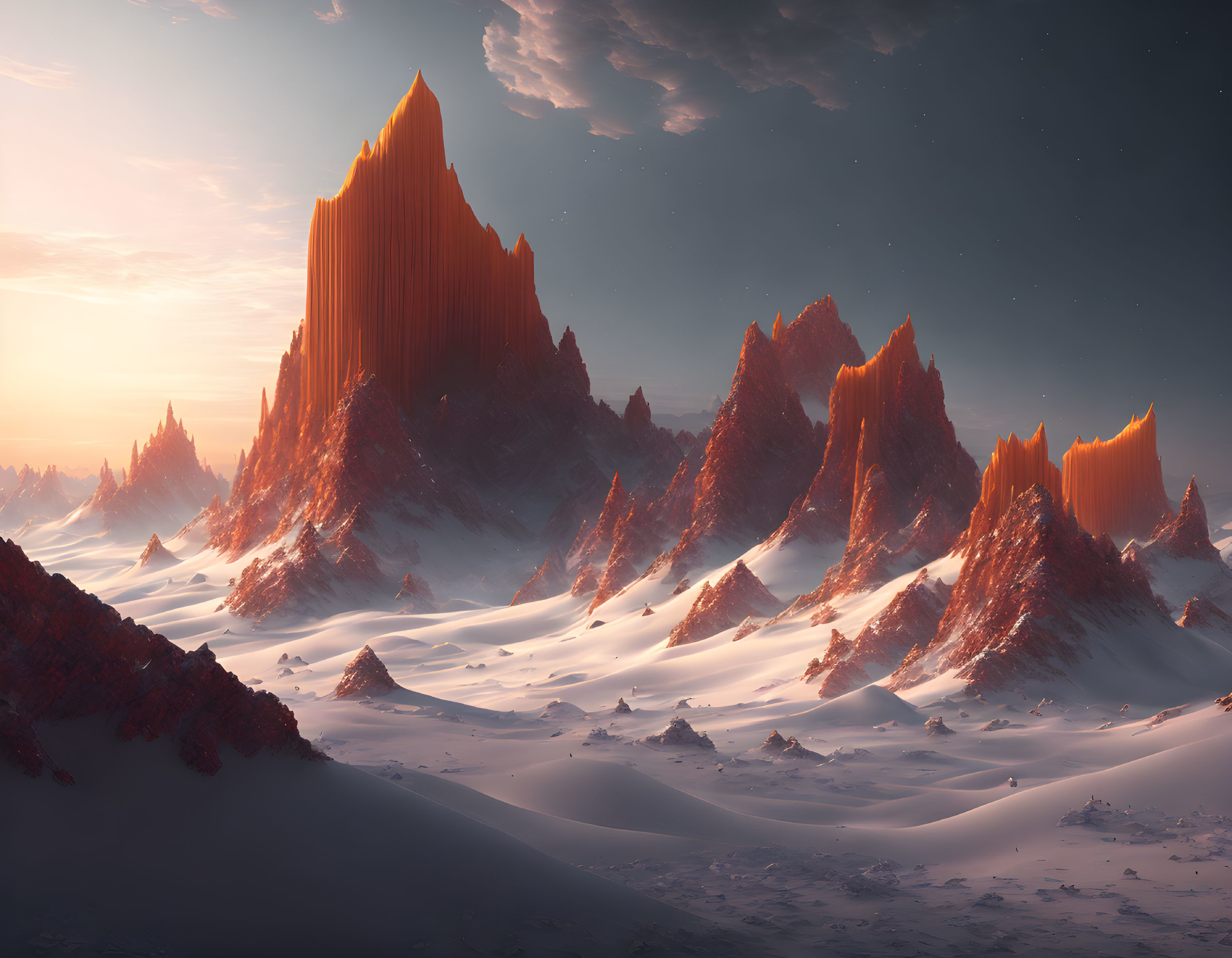 Surreal landscape with towering red peaks in snowy terrain under starlit sky