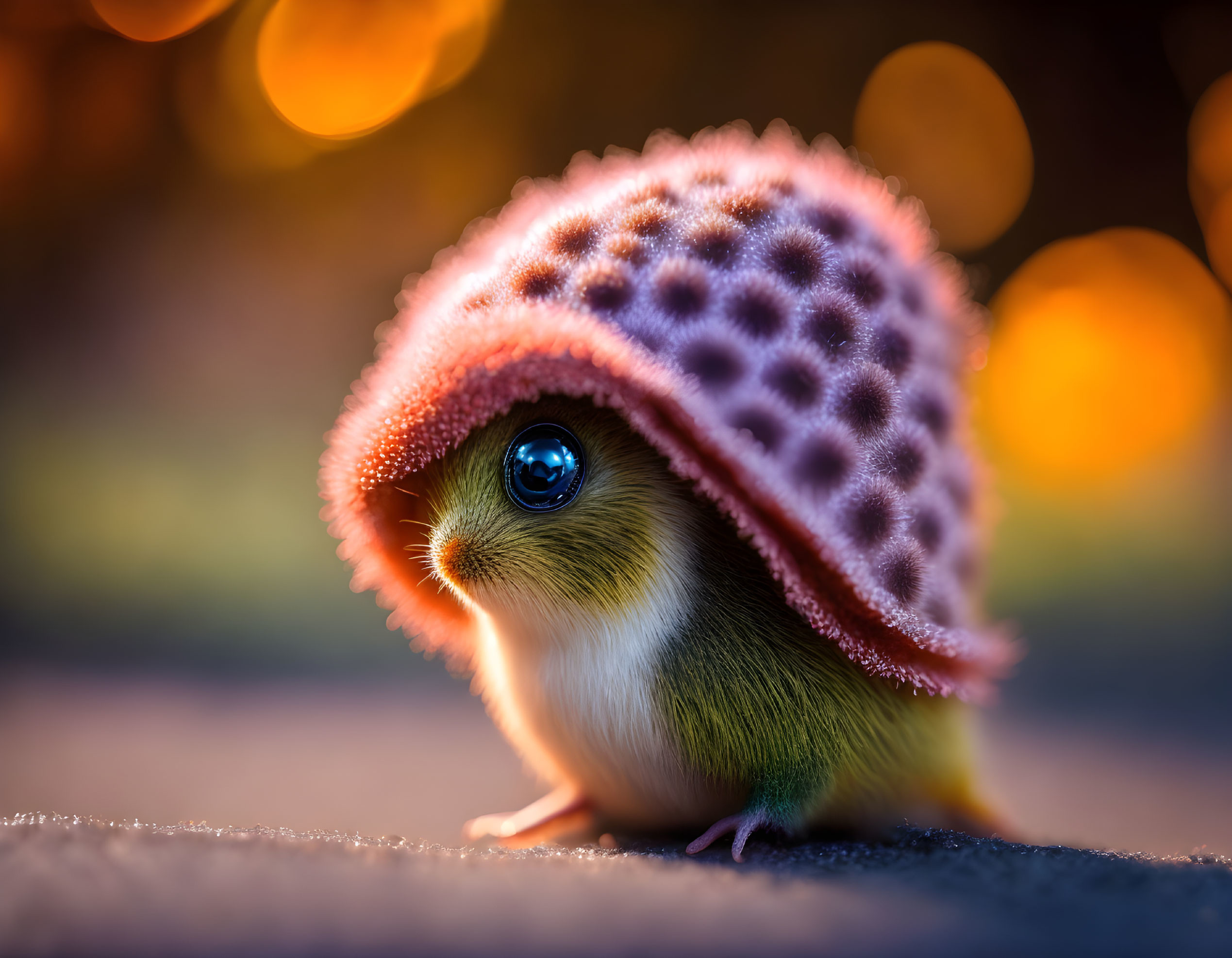 Bird-bodied creature with hedgehog spines in pink knit cap in autumn scene