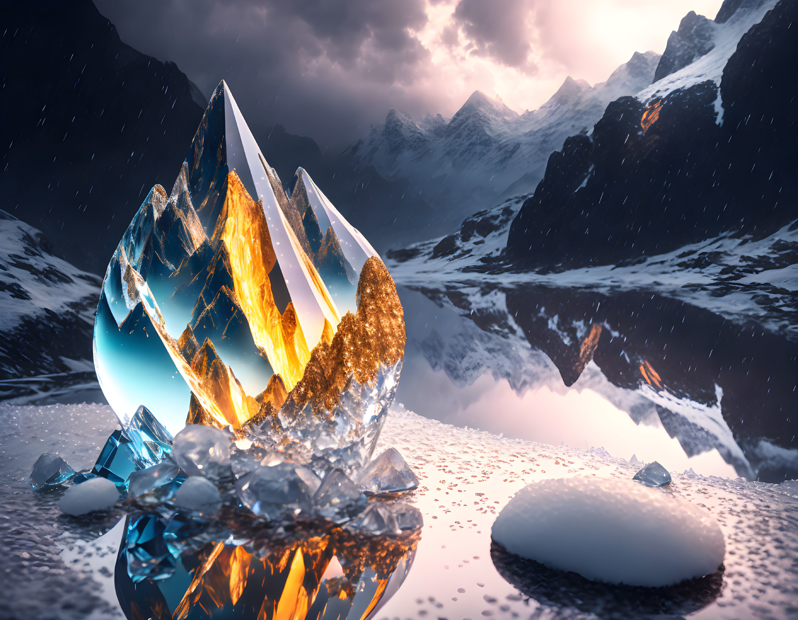 Glowing cracked crystal in snowy mountain landscape