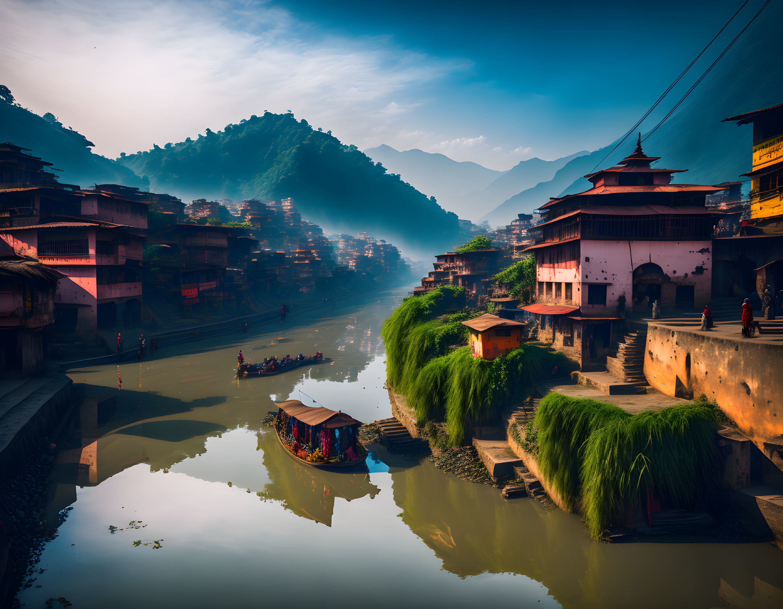 Mountainous village with traditional architecture and serene river landscape