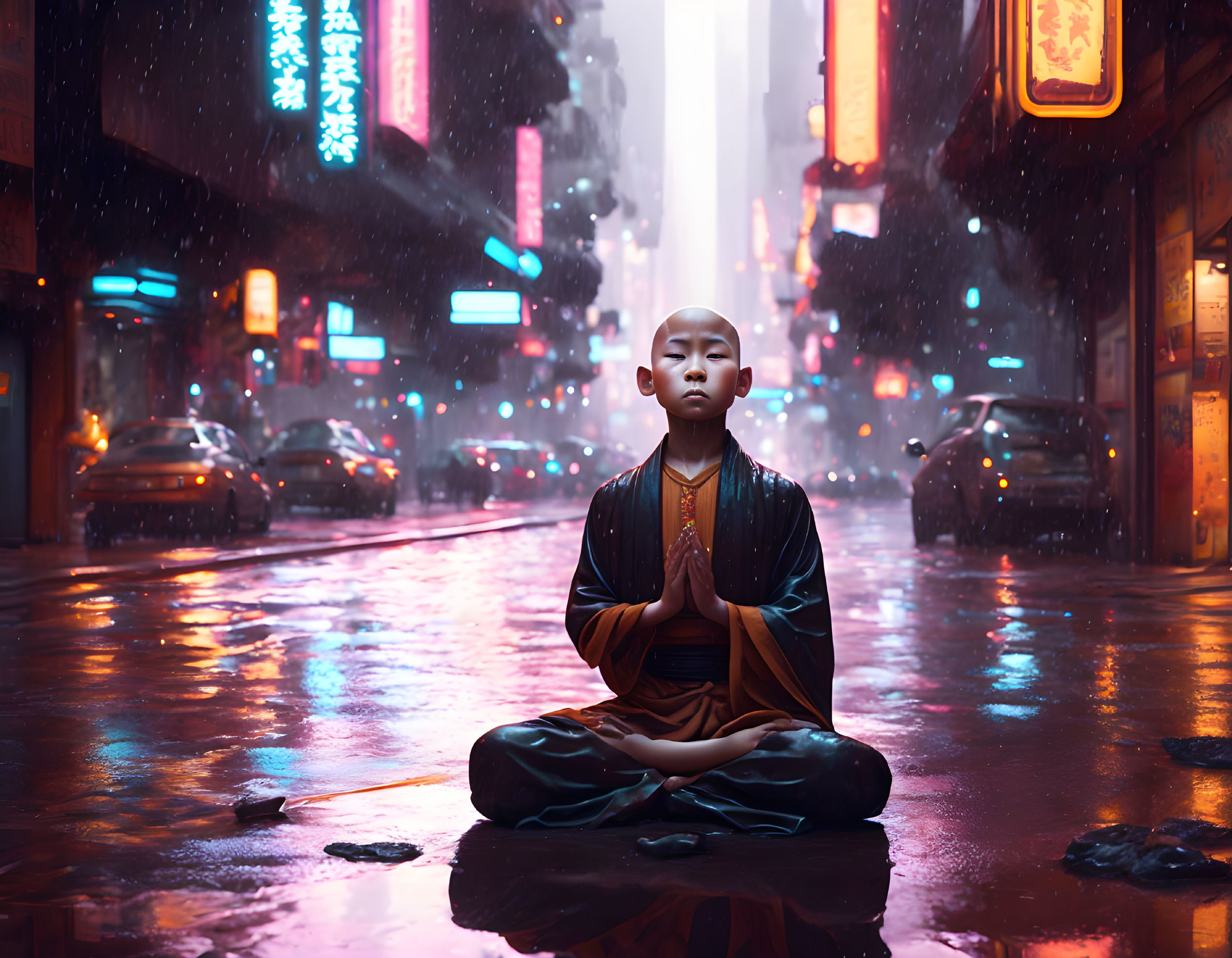 Person meditating on rain-soaked street with neon signs at dusk