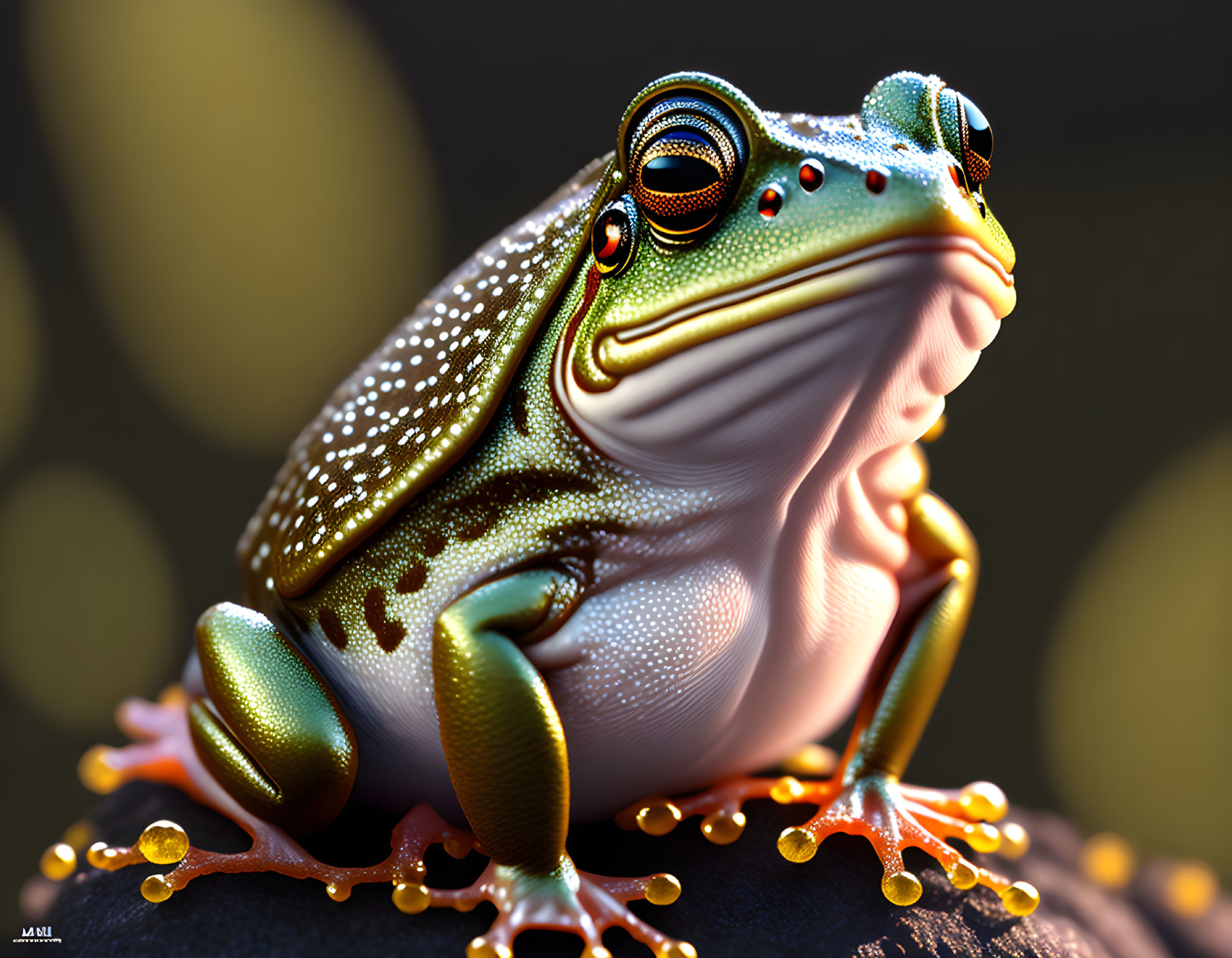 Detailed Hyperrealistic Colorful Frog with Dewdrops on Intricate Skin Patterns