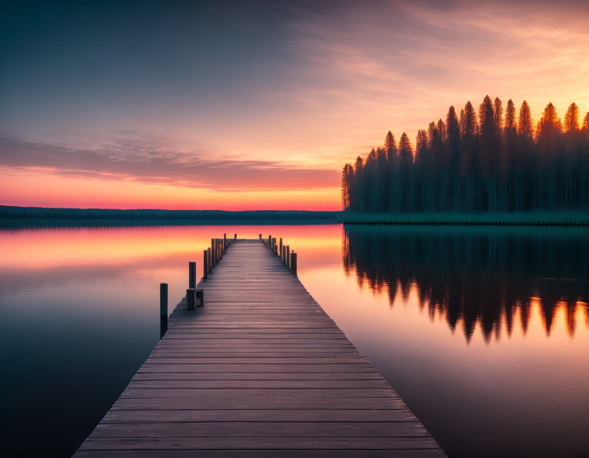 Tranquil Sunset Scene Over Lake with Orange and Purple Hues