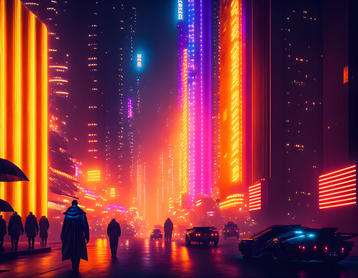 Neon-lit futuristic cityscape at night with flying cars