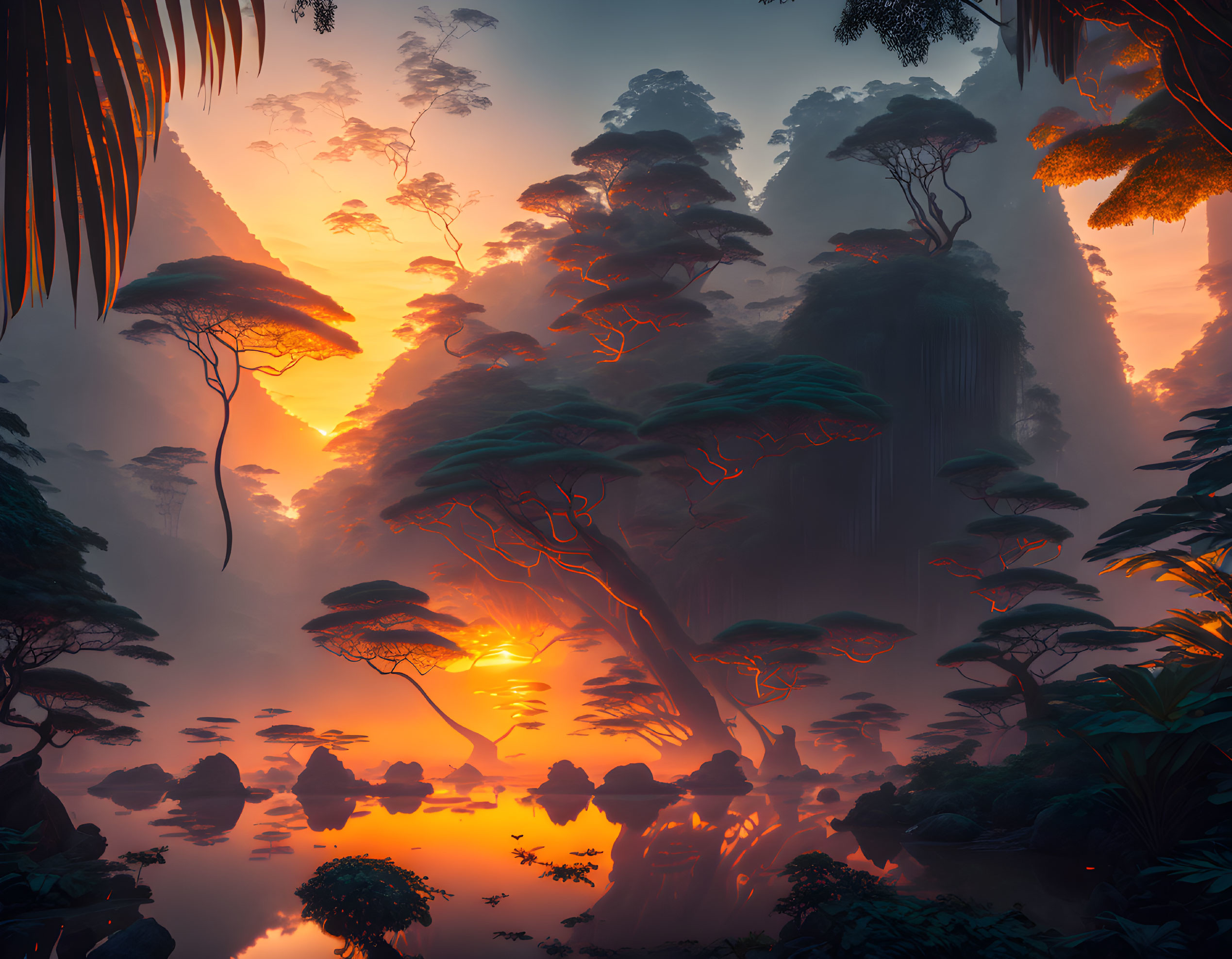 Mystical forest with towering trees, serene lake, sunset glow, and surreal foliage