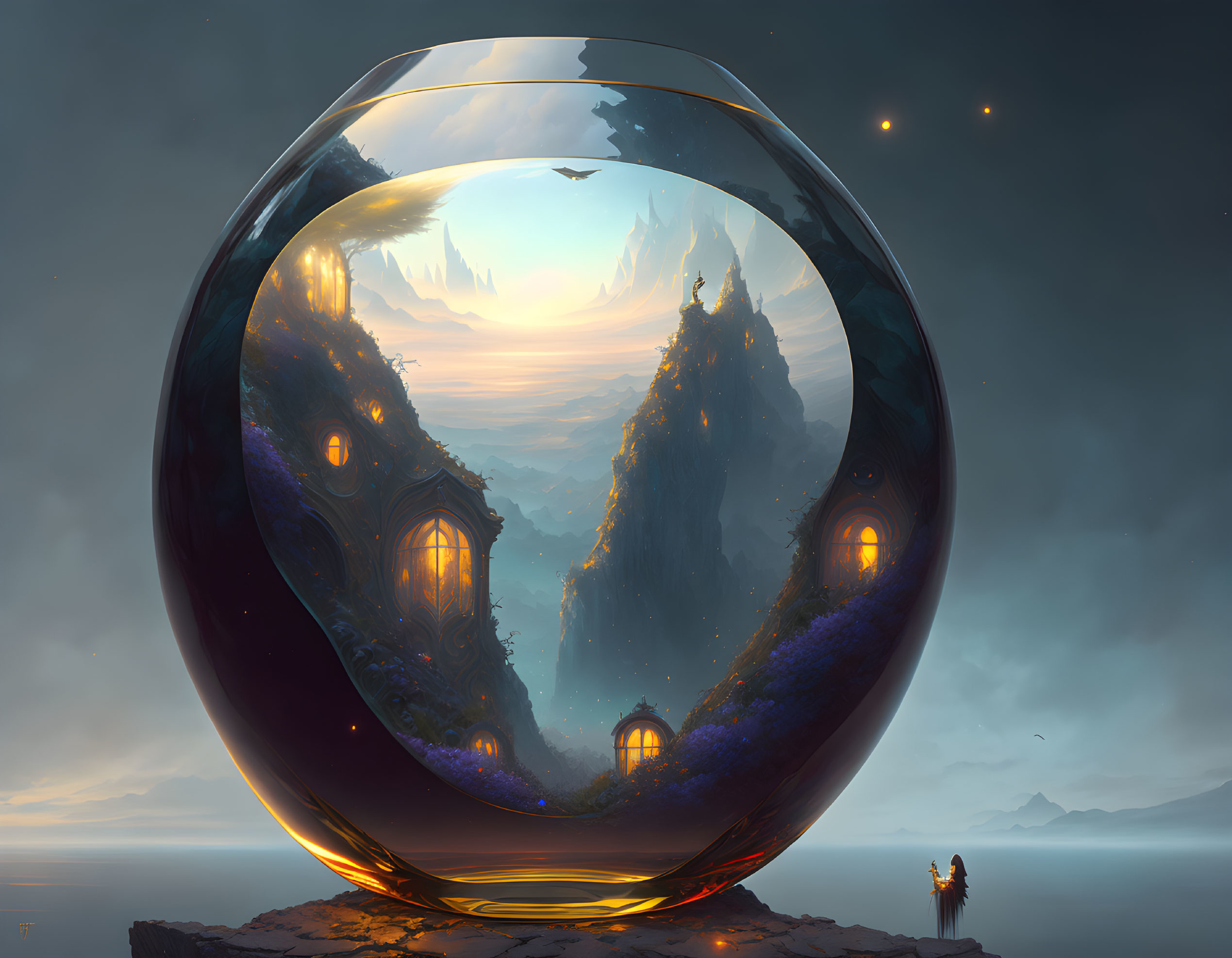 Glass Orb Encapsulating Ethereal Landscape with Cliffs, Houses, Birds, and Silhouettes