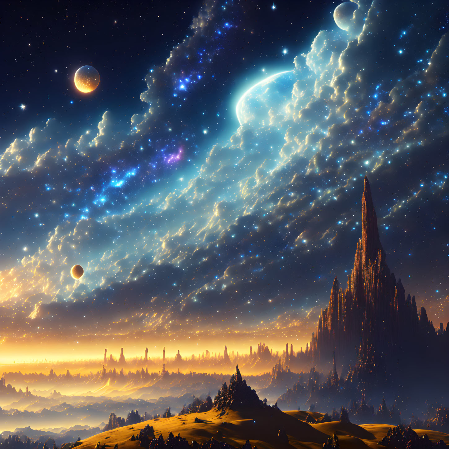 Fantastical dusk landscape with multiple moons and celestial body above forest and rock formation